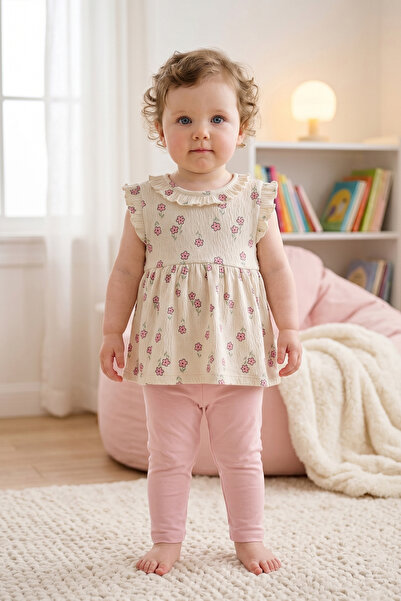 Minipodyum Kız Bebek Çiçekli Örme Müslin Yazlık İkili Takım Pembe