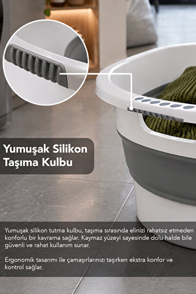 Meleni Home 25Lt Katlanabilir Çamaşır Sepeti - Akordiyon Silikon Kulplu Çamaşır Sepeti Banyo Düzenleyici Sepet