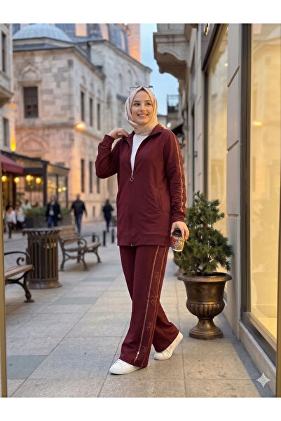 Butik Kardelen Camelya Elis Stone Detailed Double Suit Set Burgundy
