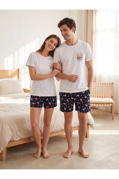 TRENDYOL MAN Unisex Beyaz Regular Fit Popcorn Baskılı Pamuklu Pijama Takımı T...