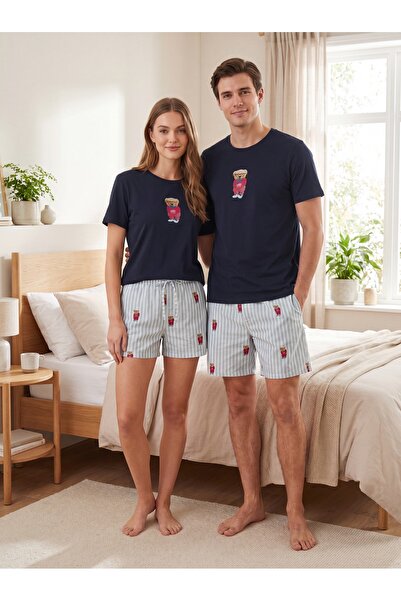 TRENDYOL MAN Unisex Mavi Regular Fit Ayıcık Baskılı Örme Şortlu Pijama Takımı...
