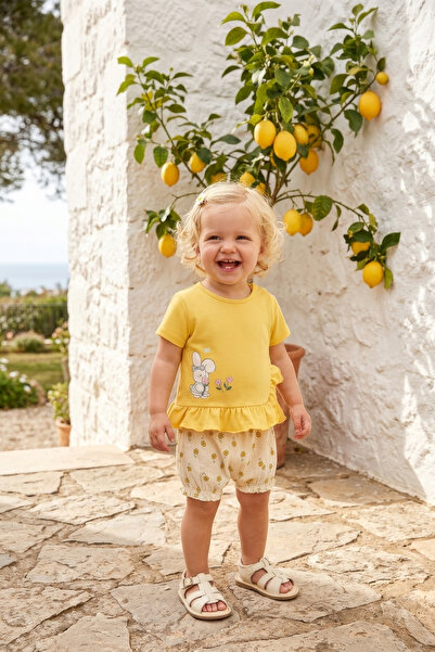Minipodyum Kız Bebek T-shirt Örme Müslin Şortlu Yazlık İkili Takım Sarı