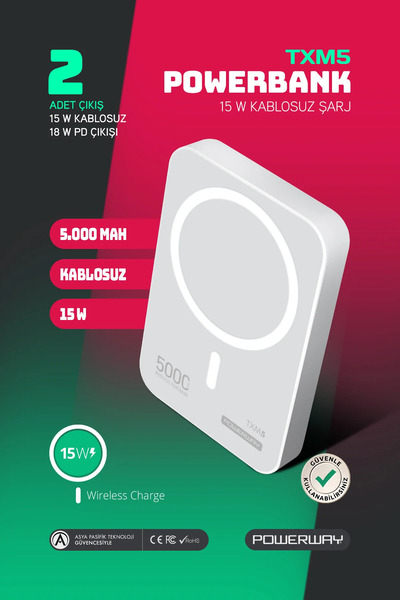 POWERWAY 5.000 mAh PD 15W Magsafe Kablosuz Wireless Taşınabilir Şarj Cihazı B...