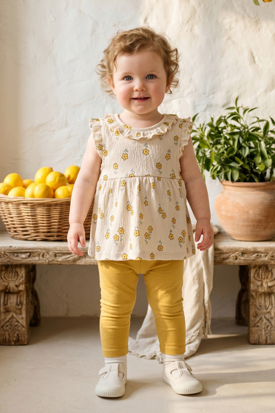 Minipodyum Kız Bebek Çiçekli Örme Müslin Yazlık İkili Takım Sarı