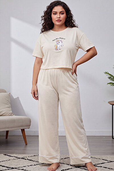 Trendyol Curve Gri Baskılı Wide Leg Crop Boy Örme Pijama Takımı TBBAW23AI00040