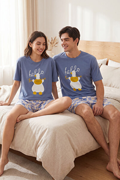 TRENDYOL MAN Unisex Mavi Kısa Kollu Pamuklu Ekose Desenli Ördek Baskılı Şortl...