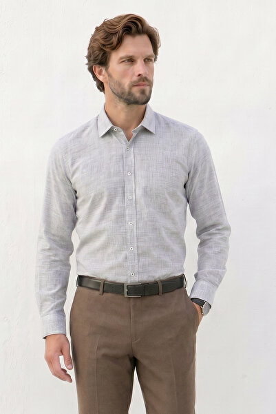 Tudors Erkek Regular Fit Klasik Kesim Oversize %100 Pamuk Keten Doku Gri Gömlek