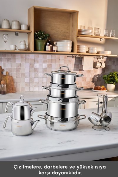 Karaca Powersteel 316+ Martha 15 Piece Stainless Steel Teapot and Pot Set with Strainer and Lid