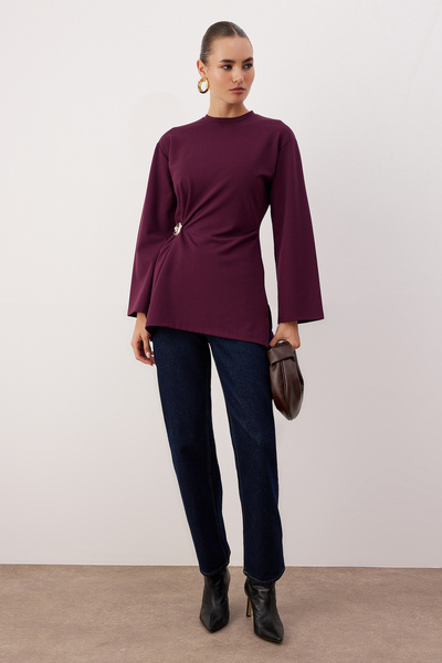 Trendyol Modest Tunica din material subțire din țesătură moale burgundy cu de...