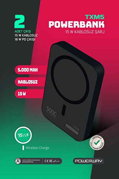 POWERWAY 5.000 mAh PD 15W Magsafe Kablosuz Wireless Taşınabilir Şarj Cihazı S...