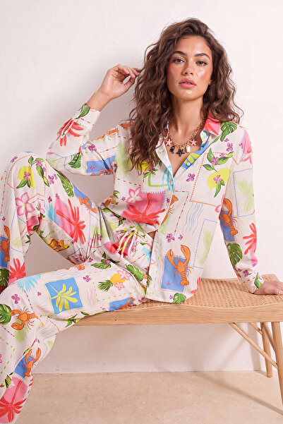 Trendyol Collection Pantaloni de plajă țesuți cu model tropical, 100% bumbac ...