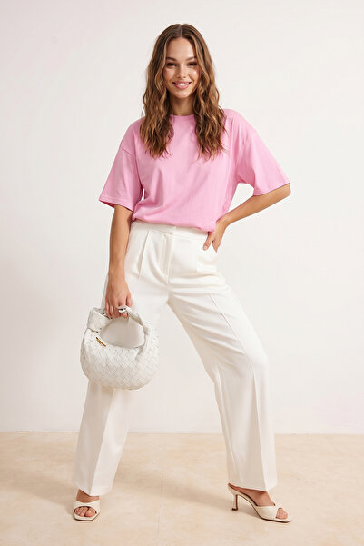 TRENDYOLMİLLA Açık Pembe %100 Kalın Pamuklu Oversize/Geniş Kalıp Örme T-Shirt...