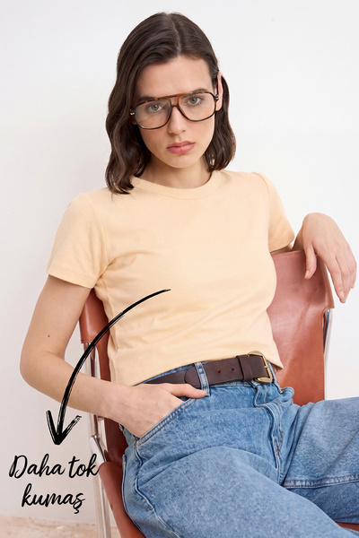 Trendyol Collection تي شيرت سالمون بيزك ذو تصميم عادي/عادي بأكمام قصيرة محبوك...