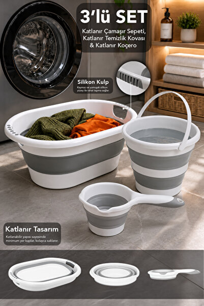 Meleni Home 3'lü Katlanabilir Banyo Seti - Akordiyon Silikon Kulplu Çamaşır S...