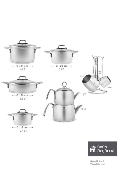 Karaca Powersteel 316+ Martha 15 Piece Stainless Steel Teapot and Pot Set with Strainer and Lid