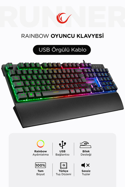 Rampage KB-RX77 Runner Siyah USB Rainbow Aydınlatmalı Q Bilek Destekli Gaming...