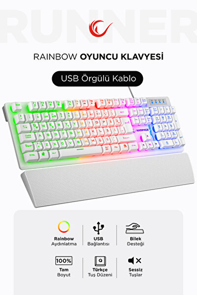 Rampage KB-RX77 Runner Beyaz USB Rainbow Aydınlatmalı Q Bilek Destekli Gaming...