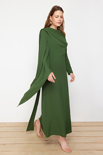 Trendyol Modest Haki Şal Detaylı Abiye Elbise TCTSS24DB00036