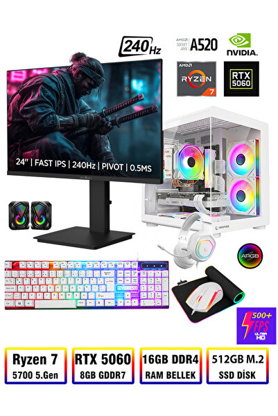 Zeiron Damage X40 Ryzen 7 5700 16GB RAM 512GB M.2 Nvme SSD RTX5060 8GB 24" 240Hz Oyuncu Masaüstü Bilgisayar