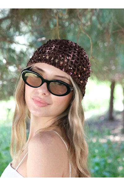 My Blog Brown Sequined Hand Knitted Mesh Hat - 5858