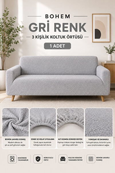 Faiend Bohem Desen 3 Kişilik gri Kanepe Örtüsü | Lastikli Koltuk Örtüsü |çeky...
