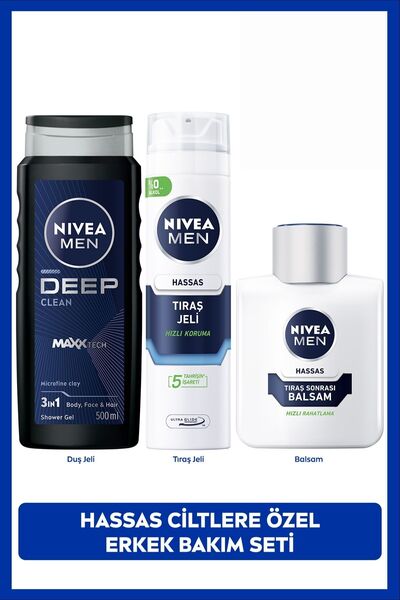 NIVEA MEN Erkek Deep Clean Duş Jeli 500ml, Hassas Tıraş Jeli ve Tıraş Sonrası...