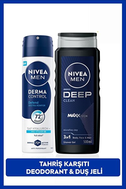 NIVEA MEN Erkek Deep Clean Duş Jeli 500ml ve Sprey Deodorant Derma Control De...