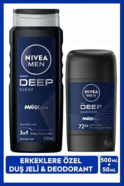 NIVEA MEN Erkek Duş Jeli Deep Clean 500ml ve Stick Deodorant Deep Darkwood 50...