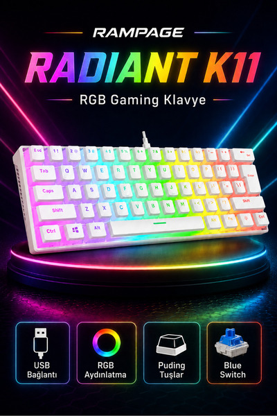 Rampage Radiant K11 Mekanik Klavye Rgb Puding Tuş Blue Switch Mini Us Gaming ...