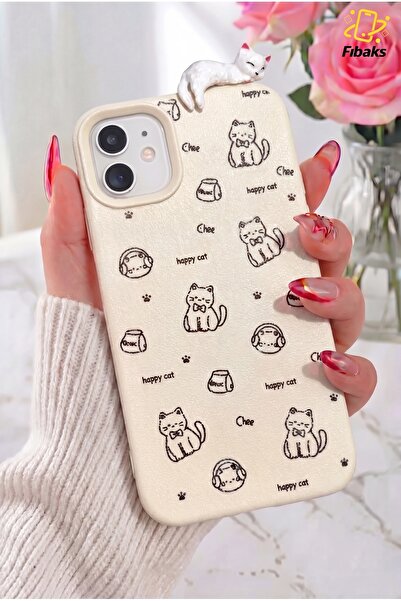 Fibaks iPhone 11 Kılıf 3D Uyuyan Kedi Figürlü Happy Cat Desenli Darbe Emici Esnek Silikon
