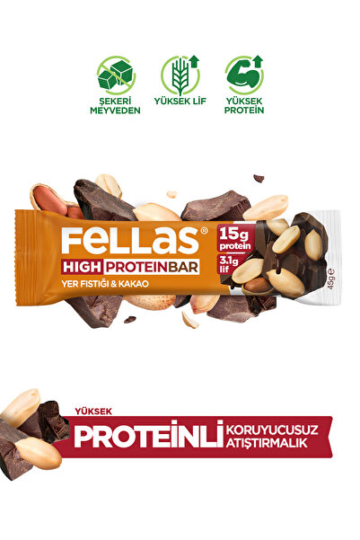 Fellas Yüksek Protein Bar - Yer Fıstıklı ve Kakaolu (45 g) x 12 Adet