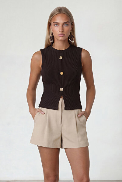 Trend Alaçatı Stili Braune Ottoban-Bluse mit Rundhalsausschnitt und goldenen ...
