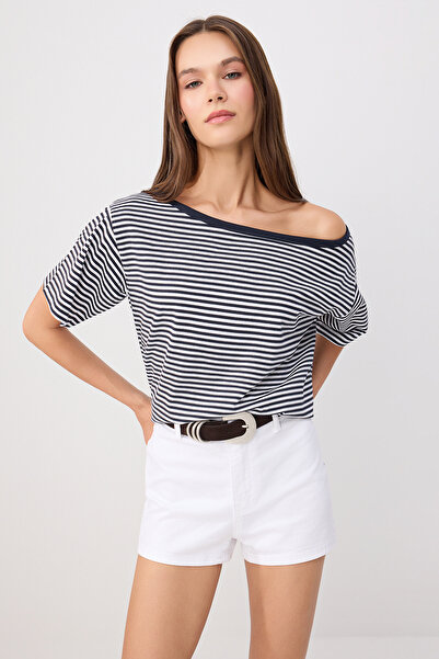 Trendyol Collection Multi-Colored Striped Regular/Normal Fit Asymmetric Neck ...