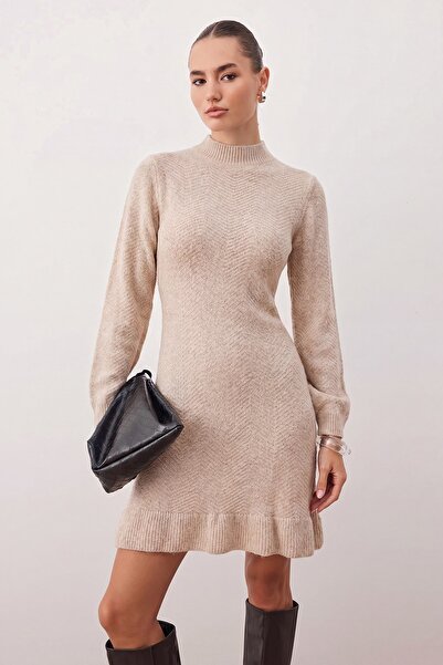 Trendyol Collection Stone Plain Short / Mini Ruffle High Neck Knitwear Dress ...