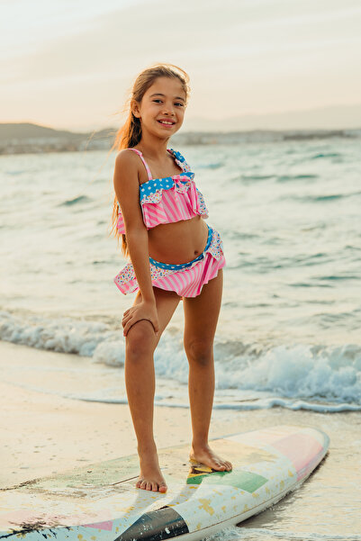 Minipodyum Kız Çocuk Bikini Takımı Fiyonk Detaylı Askılı Hijyenik Pedli Şeker...