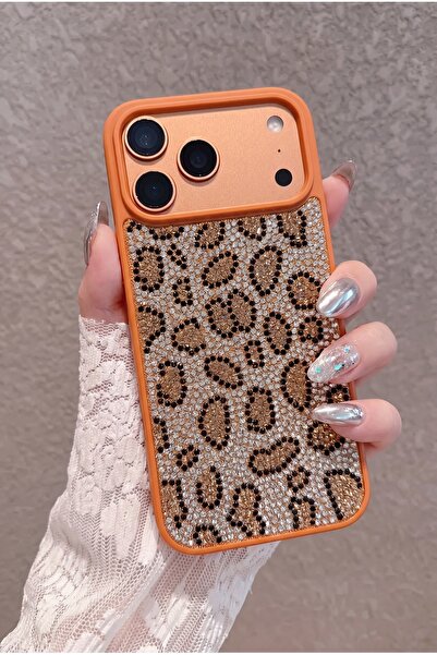 Fibaks iPhone 17 Pro Kılıf Içi Kadife Leopar Tasarımlı Turuncu Taşlı Işıltılı...