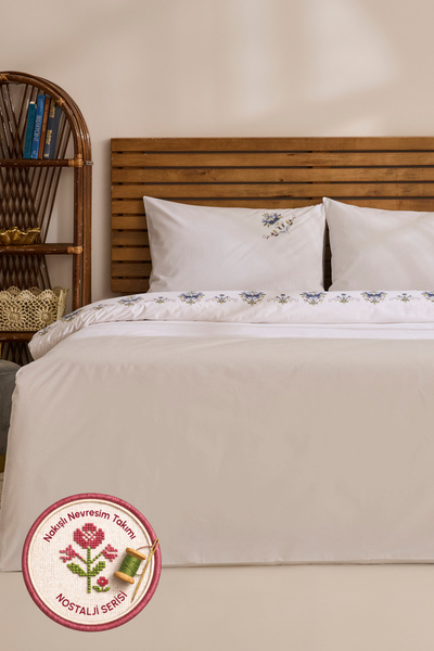 Karaca Home Maelis 100% Cotton Cross-Stitch Embroidered Double Duvet Cover Se...