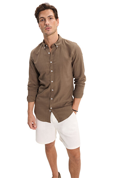 Tudors Erkek Slim Fit Dar Kesim %100 Pamuk Düğmeli Yaka Flam Keten Haki Gömlek