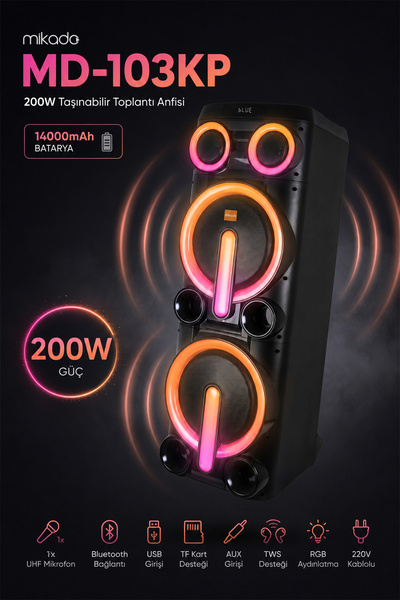 Mikado MD-103KP 200W 12V 14000mAh Bataryalı Siyah 1 UHF UV Mikrofonlu USB/BT/...