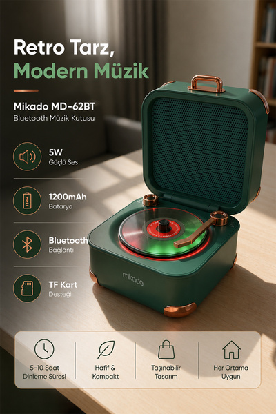 Mikado Bluetooth Hoparlör Retro Nostalgia Tasarım Taşınabilir Müzik Kutusu 5W 1200mAh Yeşil TFKart Destekli