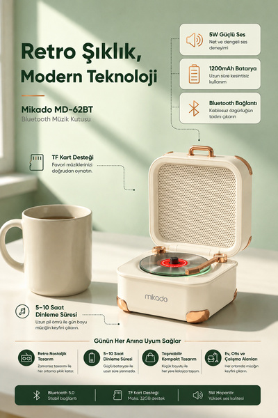 Mikado Bluetooth Hoparlör Retro Nostalgia Tasarım Taşınabilir Müzik Kutusu 5W...