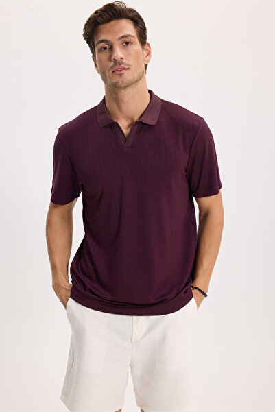 Tudors Erkek Slim Fit Dar Kesim Pamuklu Kısa Kollu Çizgili Bordo Polo V Yaka ...