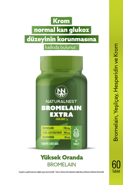 Naturalnest Bromelain Ekstra 750 mg 60 Tablet - Bromelain, Hesperidin, Krom, ...