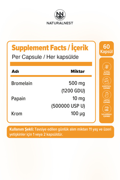 Naturalnest Bromelain Plus 500 mg 60 Kapsül- Bromelain, Papain, Krom