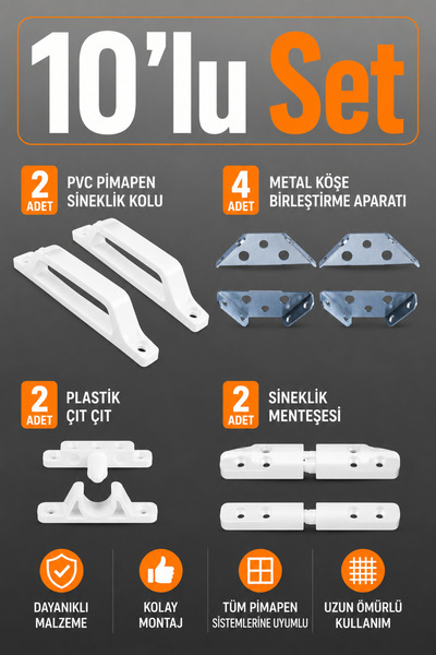 Badem10 Pimapen PVC Pencere Kapı Sineklik Çerçeve Montaj Seti Plastik Kol Men...