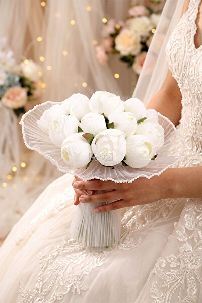 Yapay Çiçek Deposu Infinity Tomur Peony Bridal Bouquet Set of 2 with Pearls a...