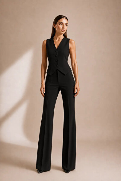 PEARL Women's Black Slim Fit Vest Trouser Suit High Waist Spanish Flare Speci...
