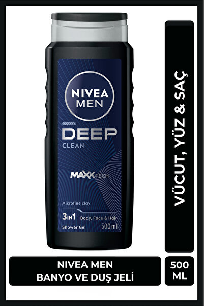 NIVEA MEN Erkek Deep Clean Banyo Ve Duş Jeli 500ml, Vücut Saç Yüz, Erkeksi Ko...