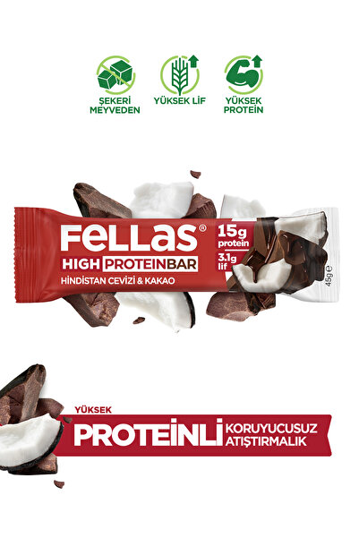 Fellas Yüksek Protein Bar - Hindistan Cevizli ve Kakaolu (45 g) x 12 Adet