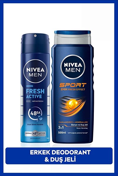 NIVEA MEN Erkek Sprey Deodorant Fresh Active 150ml ve Sport Duş Jeli 500ml, E...